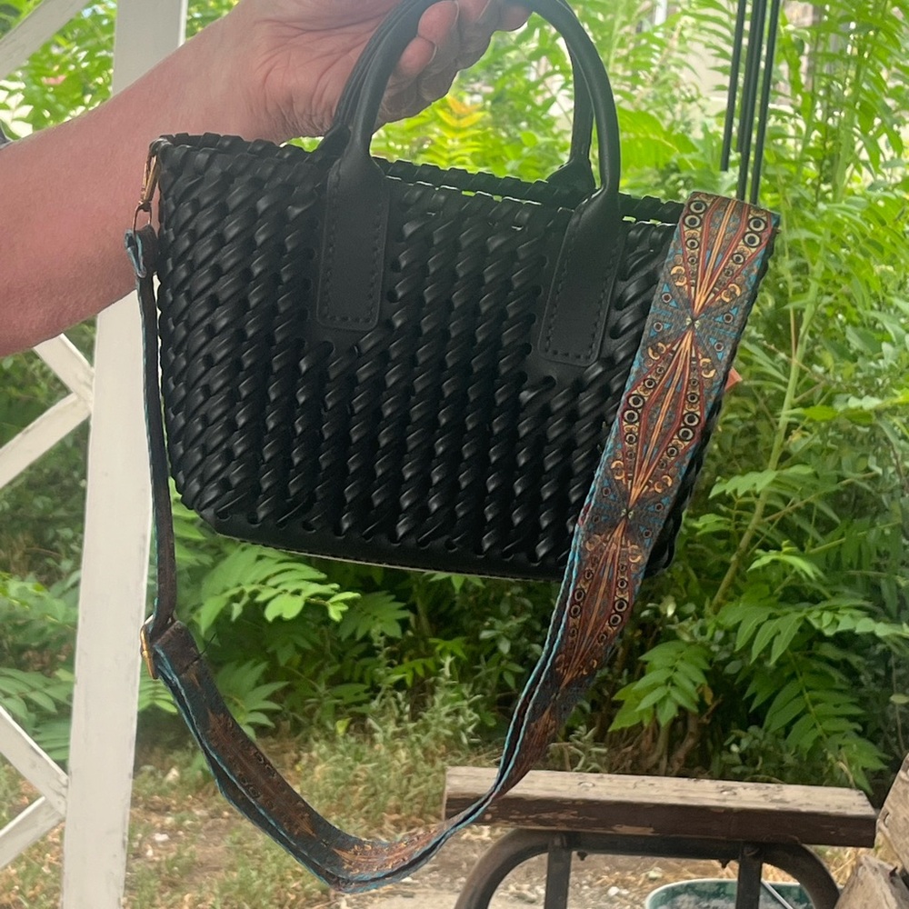 Black Woven Tote Bag with Patterned Strap